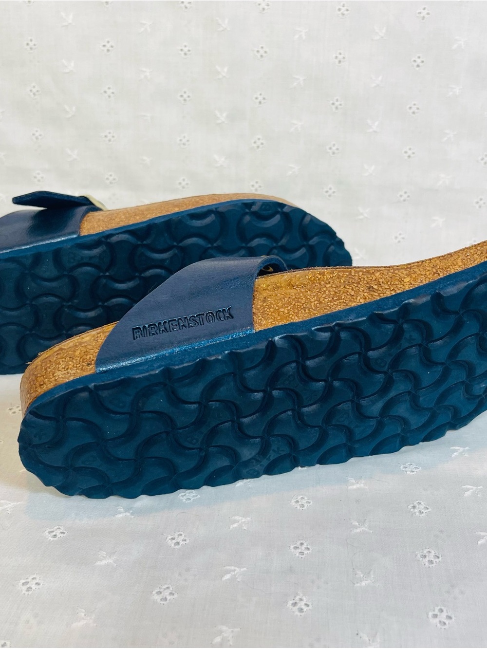 Birkenstock Navy Metalic T-Strap Sandals with Gold Metal Fringe Accents - Picture 3 of 8